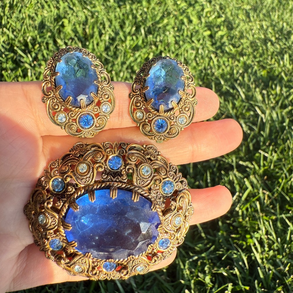 West Germany Blue Glass Stone Brooch and Earrings Set